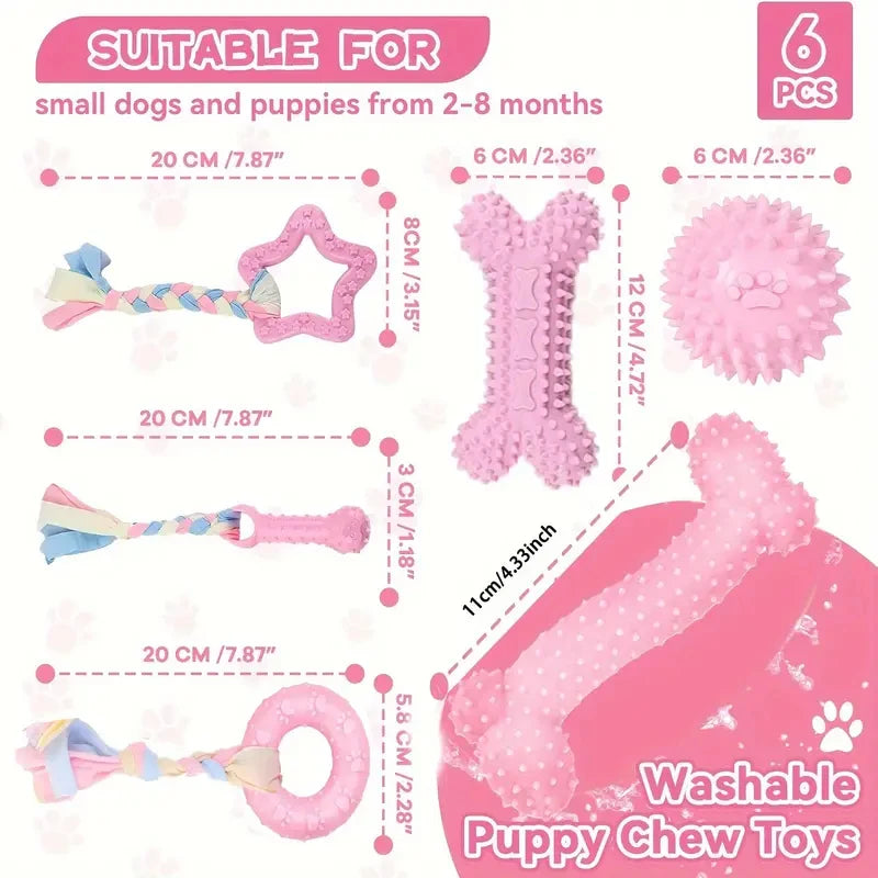6-teiliges Kauspielzeug-Set für Hunde – Knochen, Ball & Donut aus Gummi